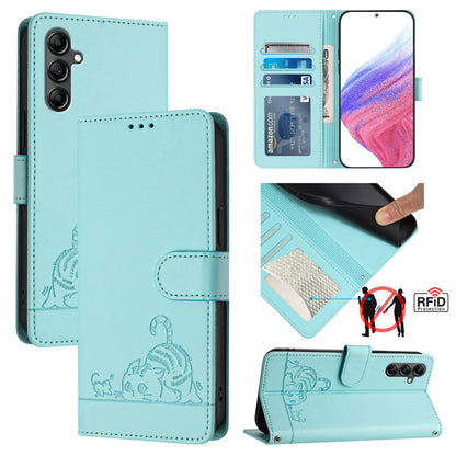 Samsung Galaxy A15 4G Leather Phone Case with Cat and Rat Embossed Pattern, RFID Protection, Card Holder Slots, Anti-fall Feature & Lanyard