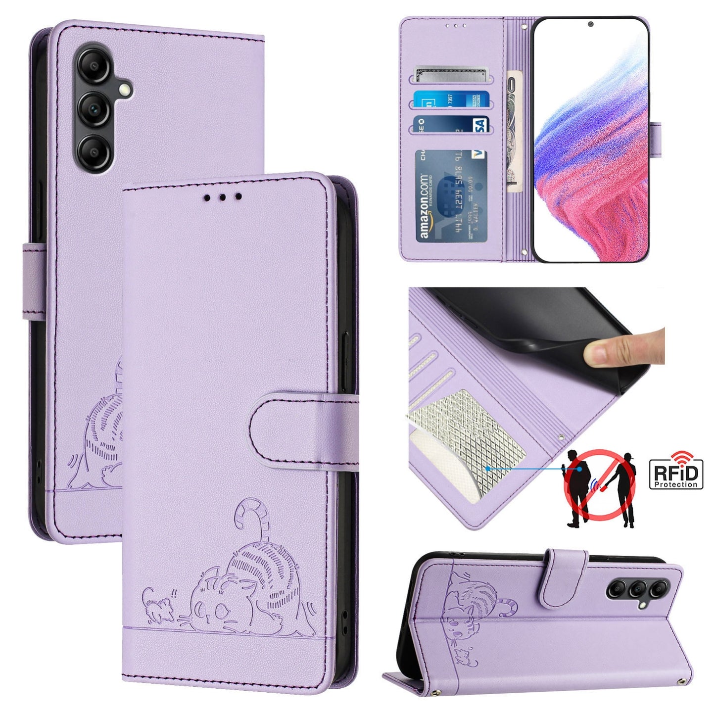 Samsung Galaxy A15 4G Leather Phone Case with Cat and Rat Embossed Pattern, RFID Protection, Card Holder Slots, Anti-fall Feature & Lanyard