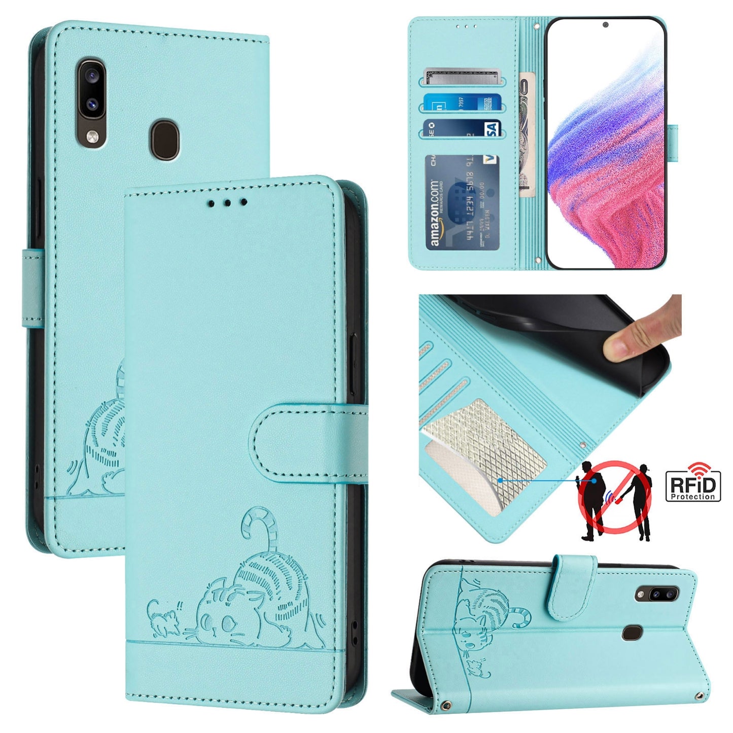 Samsung Galaxy A30 Leather Phone Case with Cat and Rat Embossed Pattern, RFID Protection, Card Holder Slots, Anti-fall Feature & Lanyard