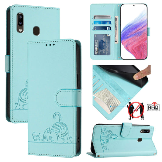 Samsung Galaxy M10s Leather Phone Case with Cat and Rat Embossed Pattern, RFID Protection, Card Holder Slots, Anti-fall Feature & Lanyard