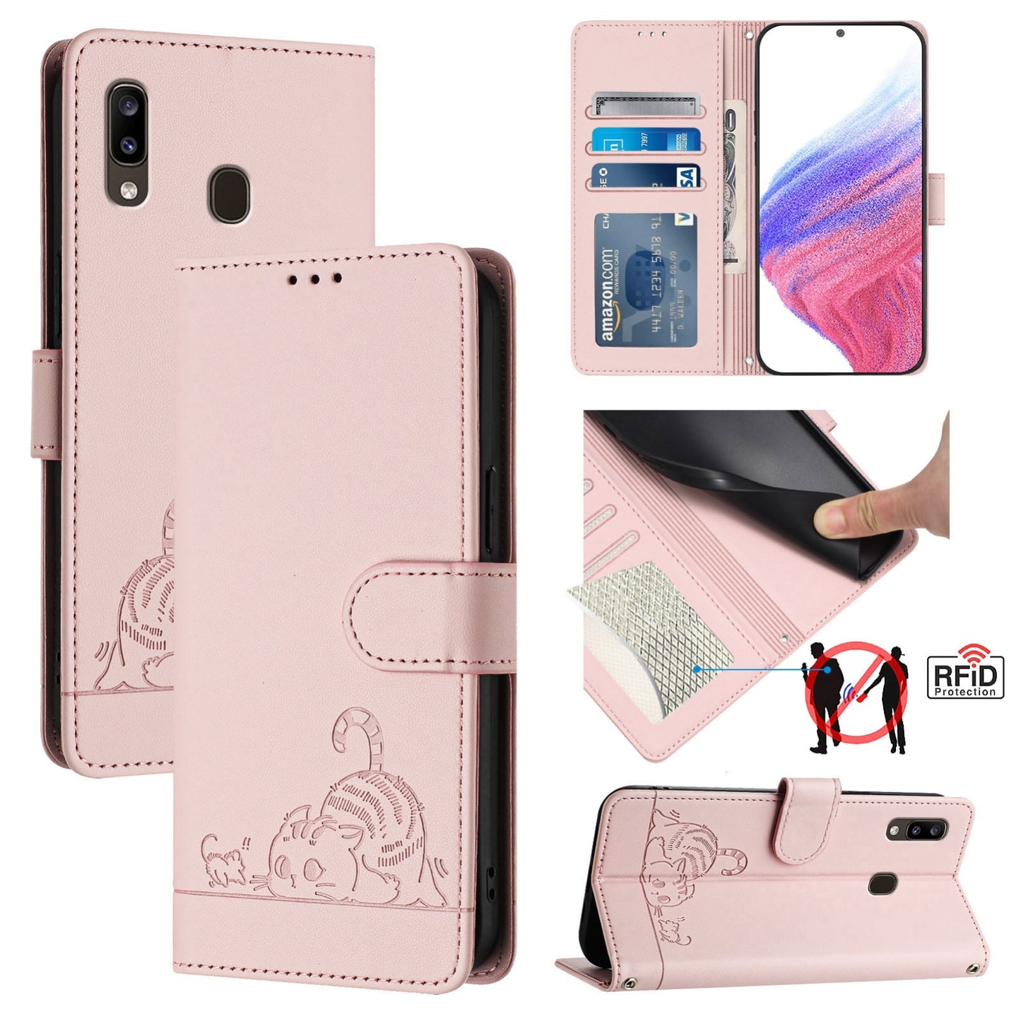 Samsung Galaxy A20 Leather Phone Case with Cat and Rat Embossed Pattern, RFID Protection, Card Holder Slots, Anti-fall Feature & Lanyard