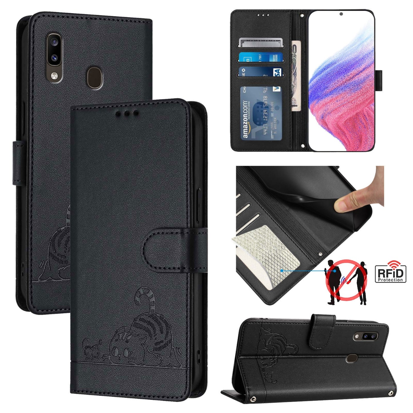 Samsung Galaxy A20 Leather Phone Case with Cat and Rat Embossed Pattern, RFID Protection, Card Holder Slots, Anti-fall Feature & Lanyard
