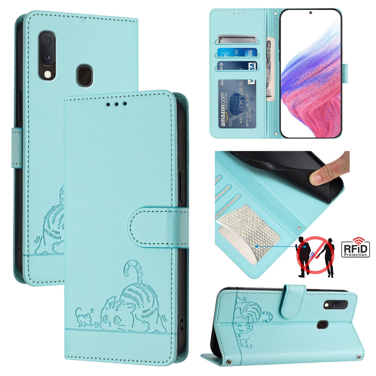 Samsung Galaxy A10e Leather Phone Case with Cat and Rat Embossed Pattern, RFID Protection, Card Holder Slots, Anti-fall Feature & Lanyard