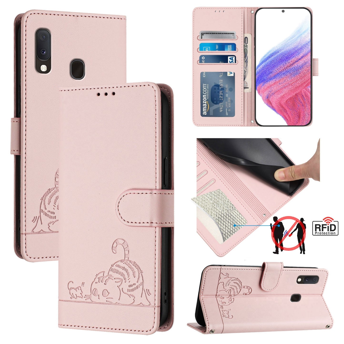 Samsung Galaxy A10e Leather Phone Case with Cat and Rat Embossed Pattern, RFID Protection, Card Holder Slots, Anti-fall Feature & Lanyard