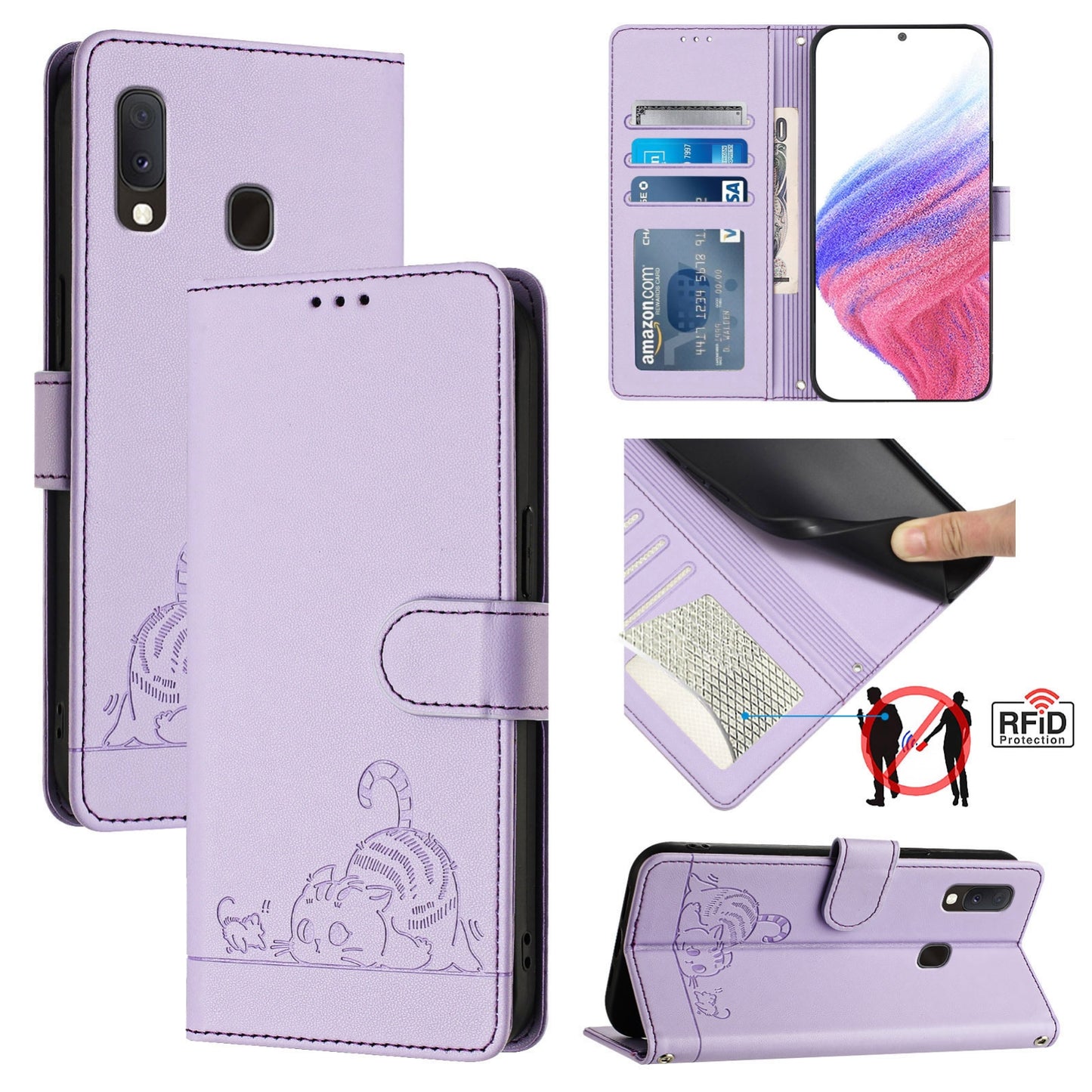 Samsung Galaxy A10e Leather Phone Case with Cat and Rat Embossed Pattern, RFID Protection, Card Holder Slots, Anti-fall Feature & Lanyard