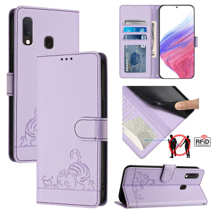 Samsung Galaxy A10e Leather Phone Case with Cat and Rat Embossed Pattern, RFID Protection, Card Holder Slots, Anti-fall Feature & Lanyard