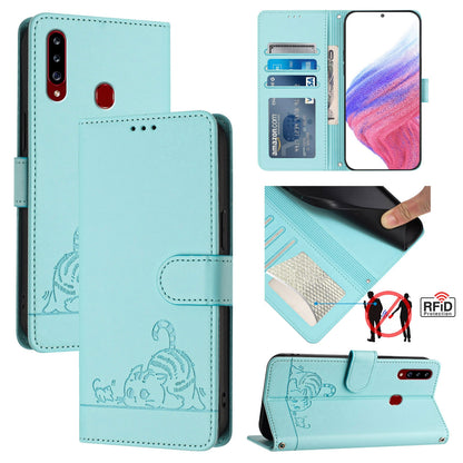 Samsung Galaxy A20s Leather Phone Case with Cat and Rat Embossed Pattern, RFID Protection, Card Holder Slots, Anti-fall Feature & Lanyard