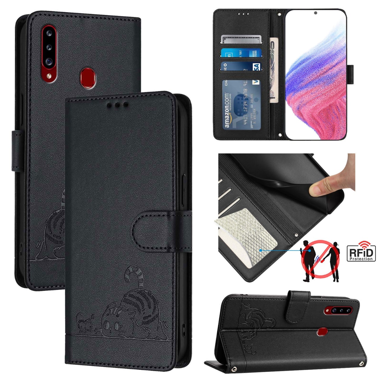 Samsung Galaxy A20s Leather Phone Case with Cat and Rat Embossed Pattern, RFID Protection, Card Holder Slots, Anti-fall Feature & Lanyard