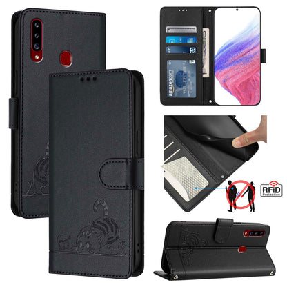 Samsung Galaxy A20s Leather Phone Case with Cat and Rat Embossed Pattern, RFID Protection, Card Holder Slots, Anti-fall Feature & Lanyard