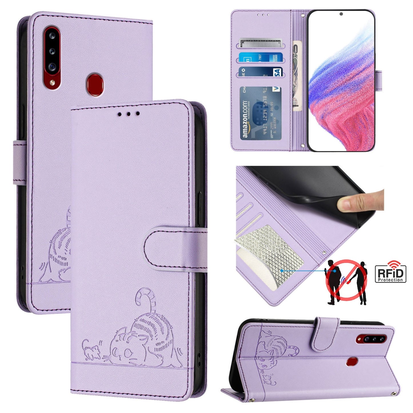 Samsung Galaxy A20s Leather Phone Case with Cat and Rat Embossed Pattern, RFID Protection, Card Holder Slots, Anti-fall Feature & Lanyard