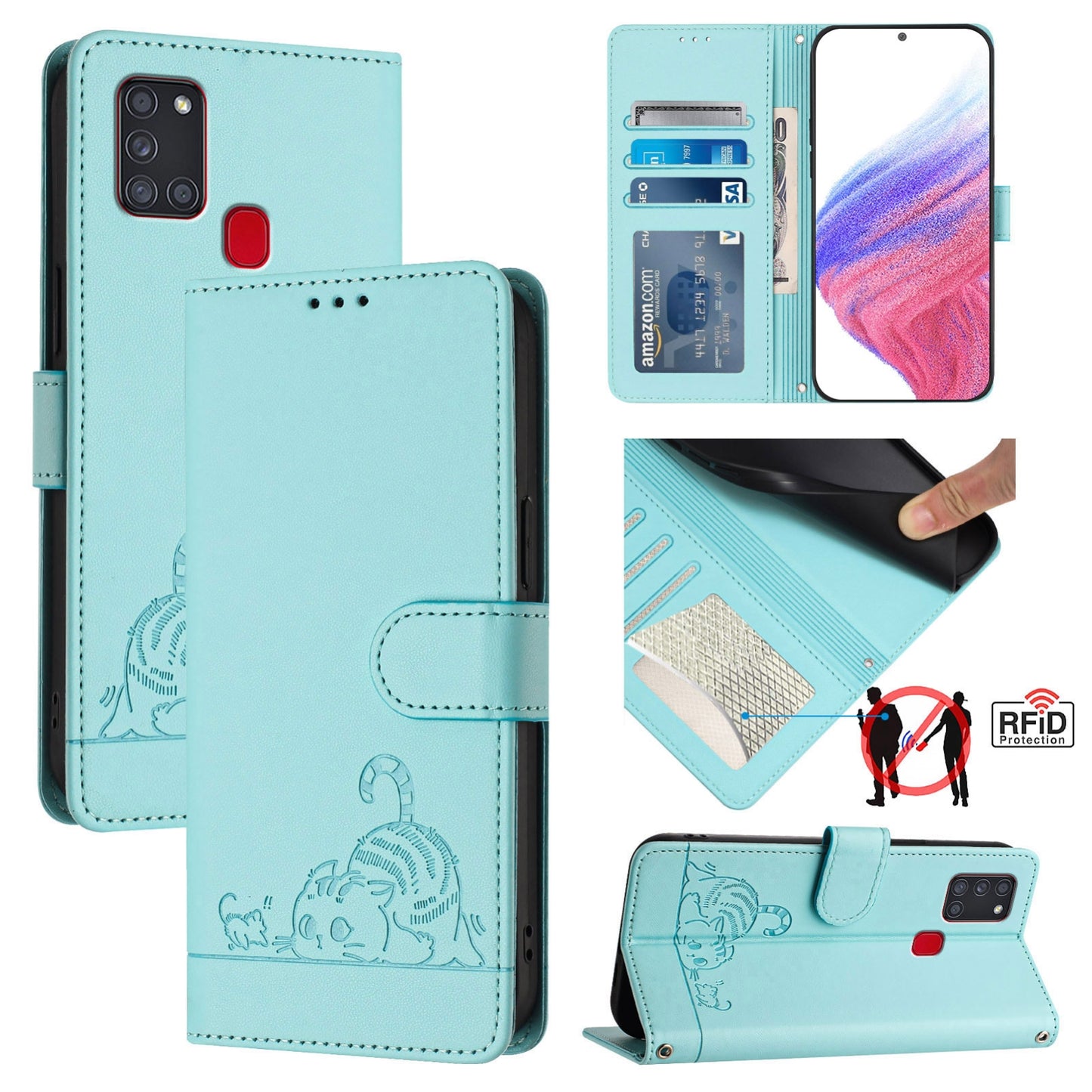 Samsung Galaxy A21s Leather Phone Case with Cat and Rat Embossed Pattern, RFID Protection, Card Holder Slots, Anti-fall Feature & Lanyard