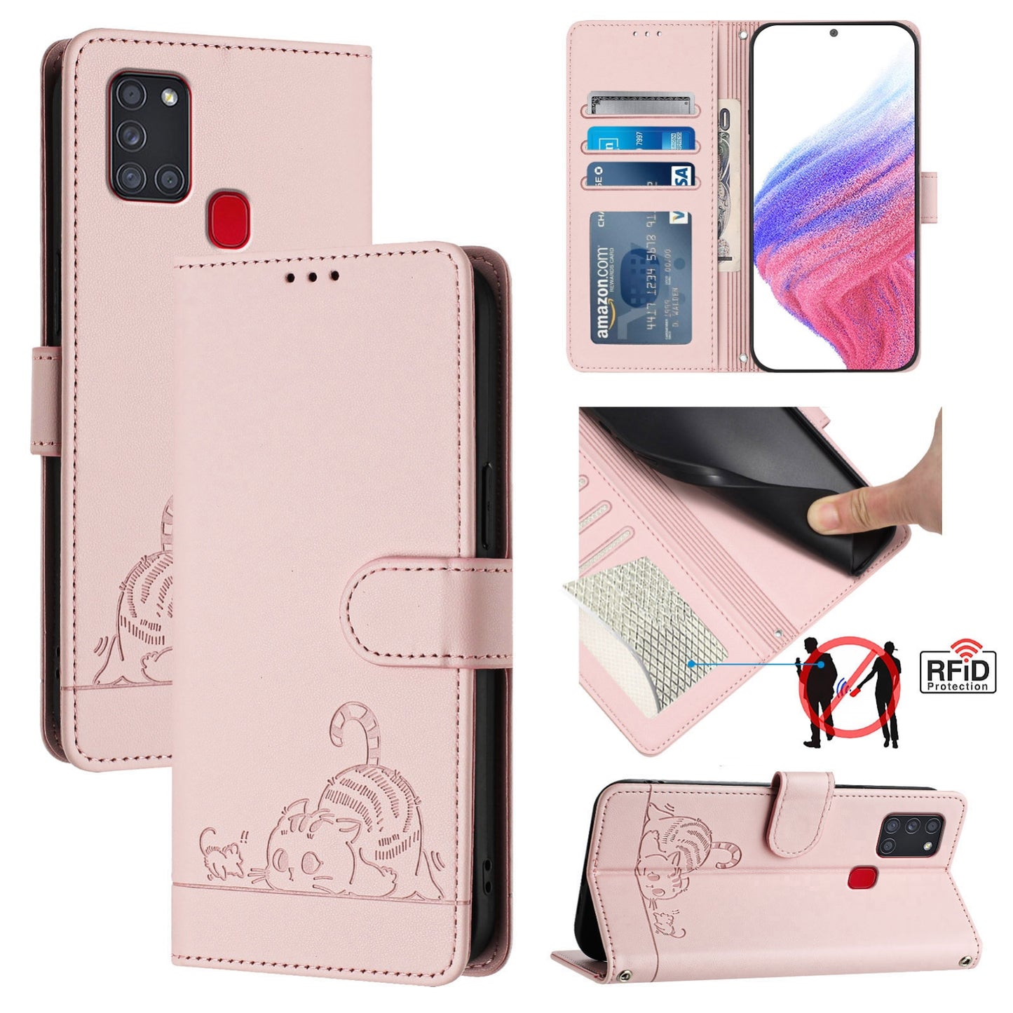 Samsung Galaxy A21s Leather Phone Case with Cat and Rat Embossed Pattern, RFID Protection, Card Holder Slots, Anti-fall Feature & Lanyard