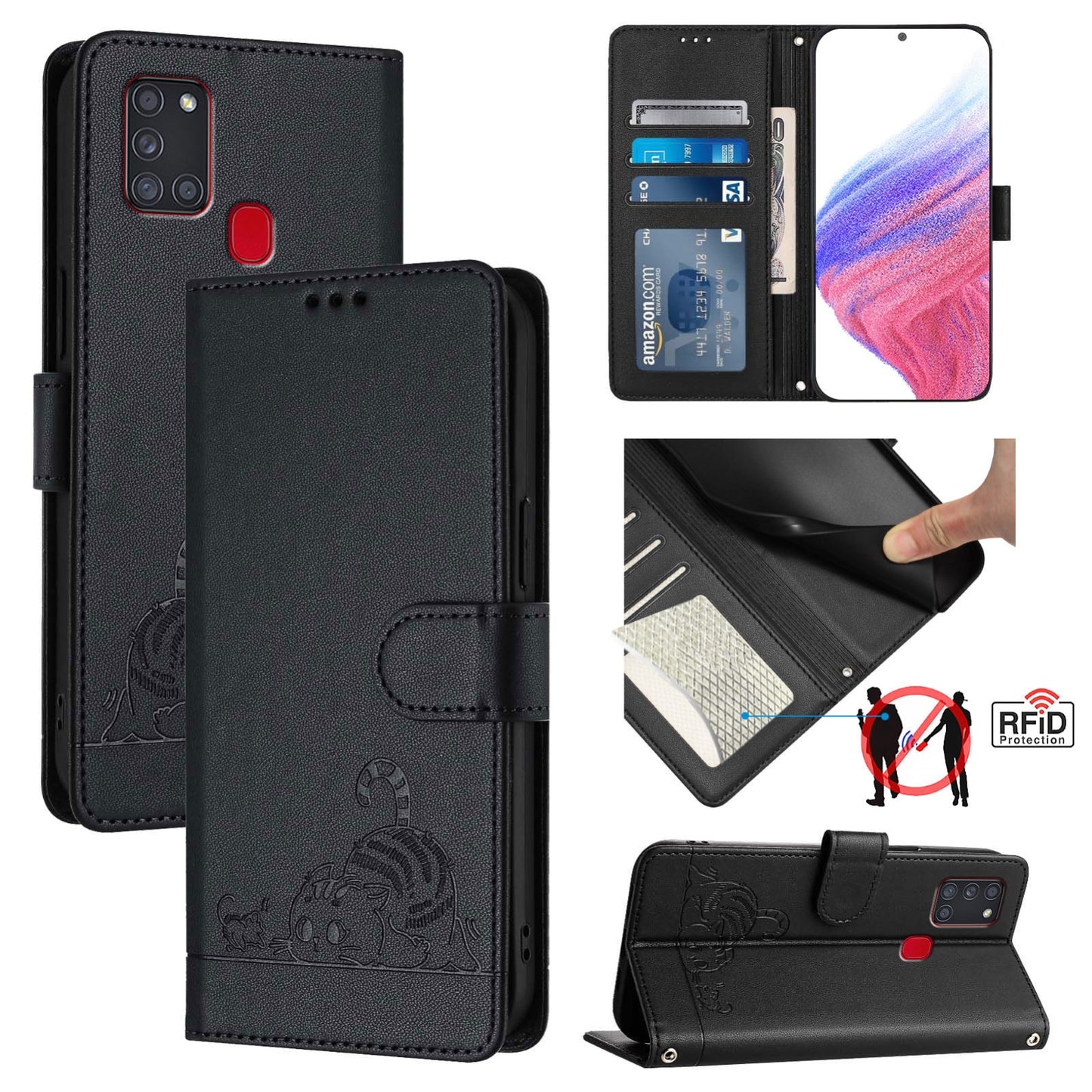 Samsung Galaxy A21s Leather Phone Case with Cat and Rat Embossed Pattern, RFID Protection, Card Holder Slots, Anti-fall Feature & Lanyard
