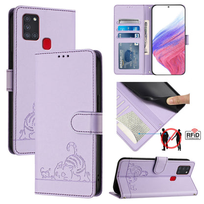 Samsung Galaxy A21s Leather Phone Case with Cat and Rat Embossed Pattern, RFID Protection, Card Holder Slots, Anti-fall Feature & Lanyard