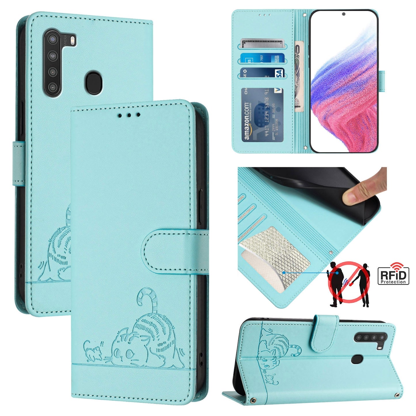Samsung Galaxy A21 EU Version Leather Phone Case with Cat and Rat Embossed Pattern, RFID Protection, Card Holder Slots, Anti-fall Feature & Lanyard
