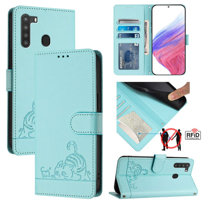 Samsung Galaxy A21 EU Version Leather Phone Case with Cat and Rat Embossed Pattern, RFID Protection, Card Holder Slots, Anti-fall Feature & Lanyard