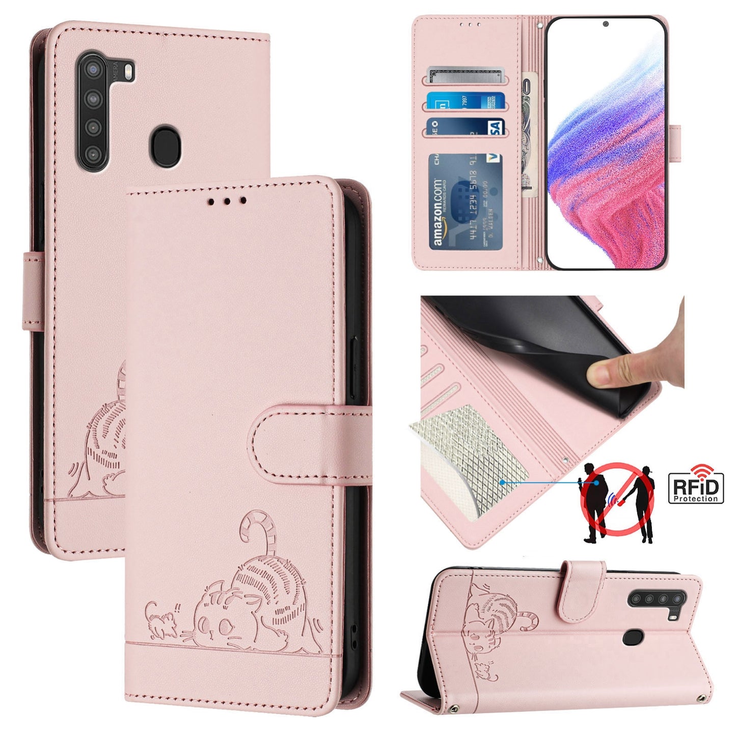 Samsung Galaxy A21 EU Version Leather Phone Case with Cat and Rat Embossed Pattern, RFID Protection, Card Holder Slots, Anti-fall Feature & Lanyard