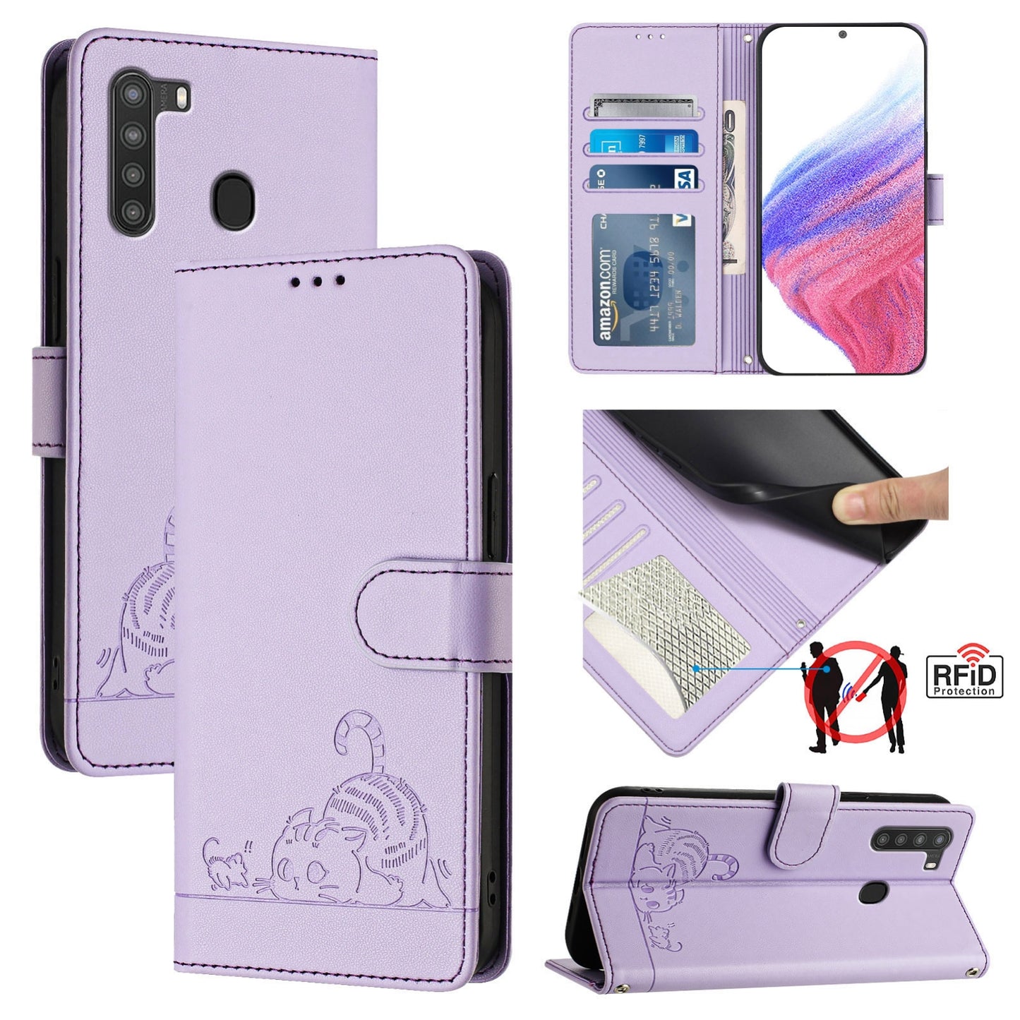 Samsung Galaxy A21 EU Version Leather Phone Case with Cat and Rat Embossed Pattern, RFID Protection, Card Holder Slots, Anti-fall Feature & Lanyard