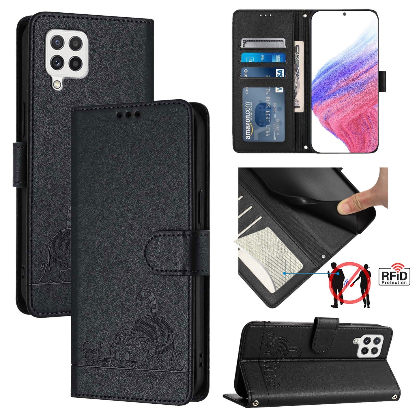 Samsung Galaxy A22 4G Leather Phone Case with Cat and Rat Embossed Pattern, RFID Protection, Card Holder Slots, Anti-fall Feature & Lanyard