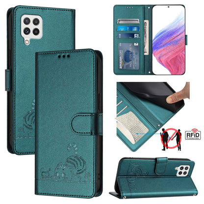 Samsung Galaxy A22 4G Leather Phone Case with Cat and Rat Embossed Pattern, RFID Protection, Card Holder Slots, Anti-fall Feature & Lanyard
