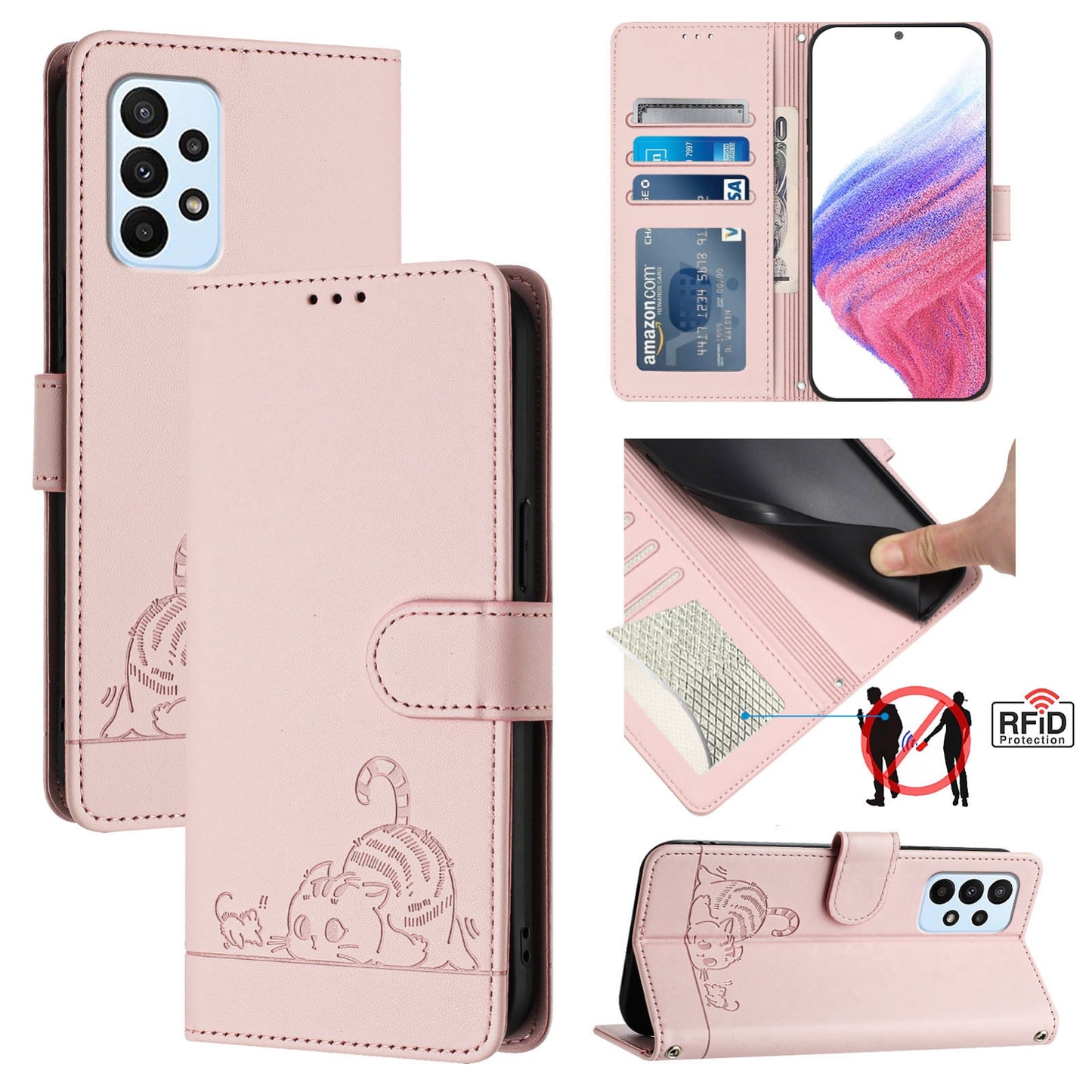 Samsung Galaxy A23 4G Leather Phone Case with Cat and Rat Embossed Pattern, RFID Protection, Card Holder Slots, Anti-fall Feature & Lanyard