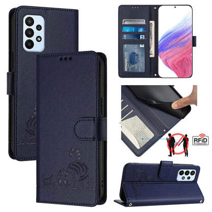 Samsung Galaxy A23 4G Leather Phone Case with Cat and Rat Embossed Pattern, RFID Protection, Card Holder Slots, Anti-fall Feature & Lanyard
