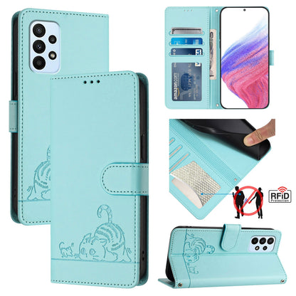 Samsung Galaxy F23 5G Leather Phone Case with Cat and Rat Embossed Pattern, RFID Protection, Card Holder Slots, Anti-fall Feature & Lanyard