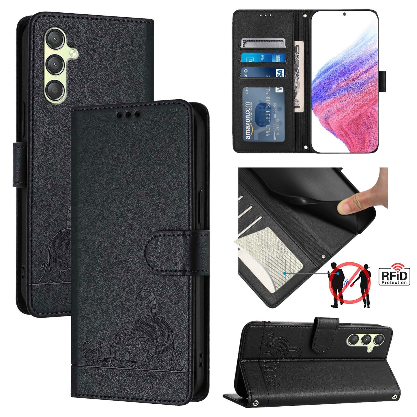 Samsung Galaxy A24 4G Leather Phone Case with Cat and Rat Embossed Pattern, RFID Protection, Card Holder Slots, Anti-fall Feature & Lanyard