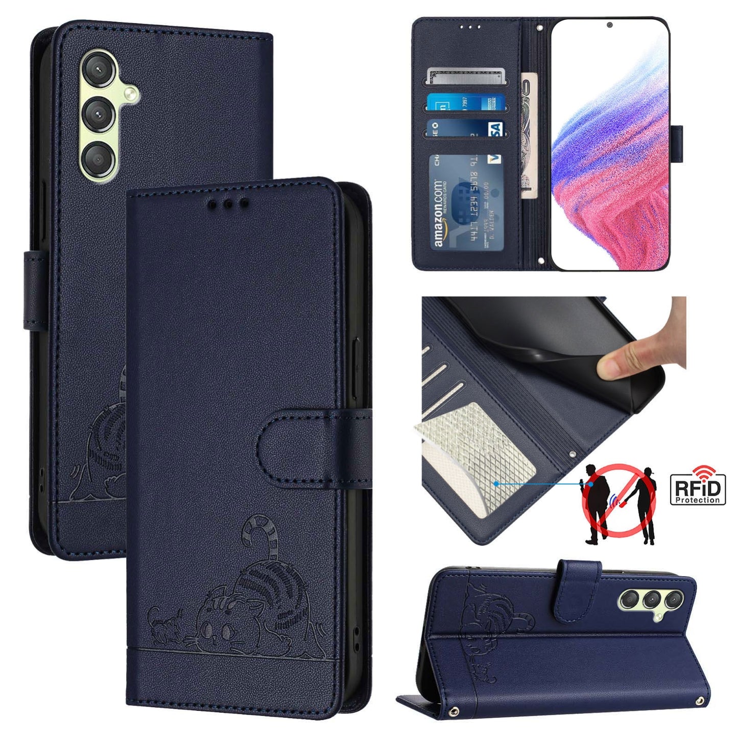 Samsung Galaxy A24 4G Leather Phone Case with Cat and Rat Embossed Pattern, RFID Protection, Card Holder Slots, Anti-fall Feature & Lanyard