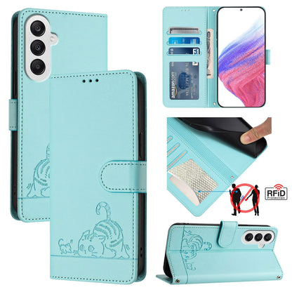 Samsung Galaxy A25 5G Global Leather Phone Case with Cat and Rat Embossed Pattern, RFID Protection, Card Holder Slots, Anti-fall Feature & Lanyard