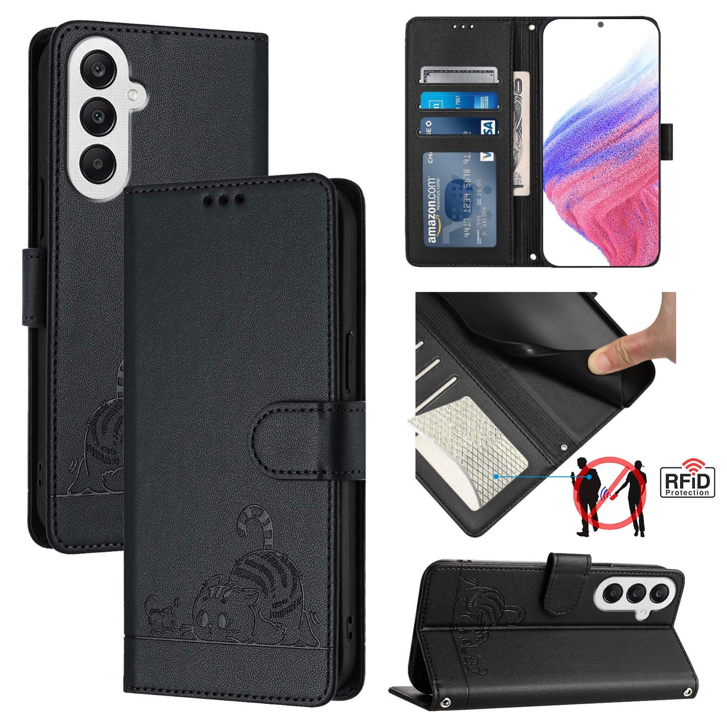 Samsung Galaxy A25 5G Global Leather Phone Case with Cat and Rat Embossed Pattern, RFID Protection, Card Holder Slots, Anti-fall Feature & Lanyard