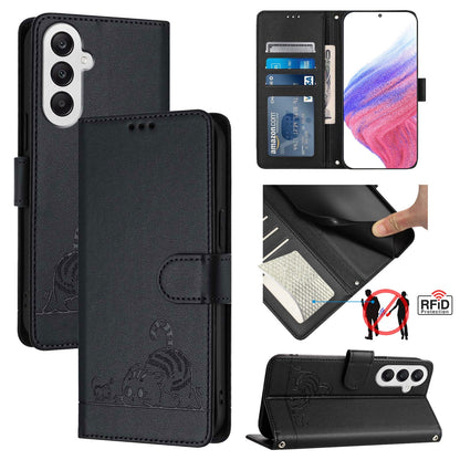 Samsung Galaxy A25 5G Global Leather Phone Case with Cat and Rat Embossed Pattern, RFID Protection, Card Holder Slots, Anti-fall Feature & Lanyard