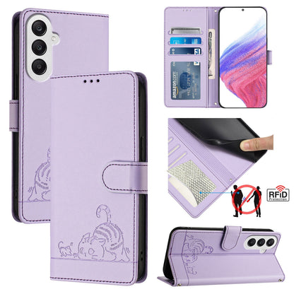 Samsung Galaxy A25 5G Global Leather Phone Case with Cat and Rat Embossed Pattern, RFID Protection, Card Holder Slots, Anti-fall Feature & Lanyard