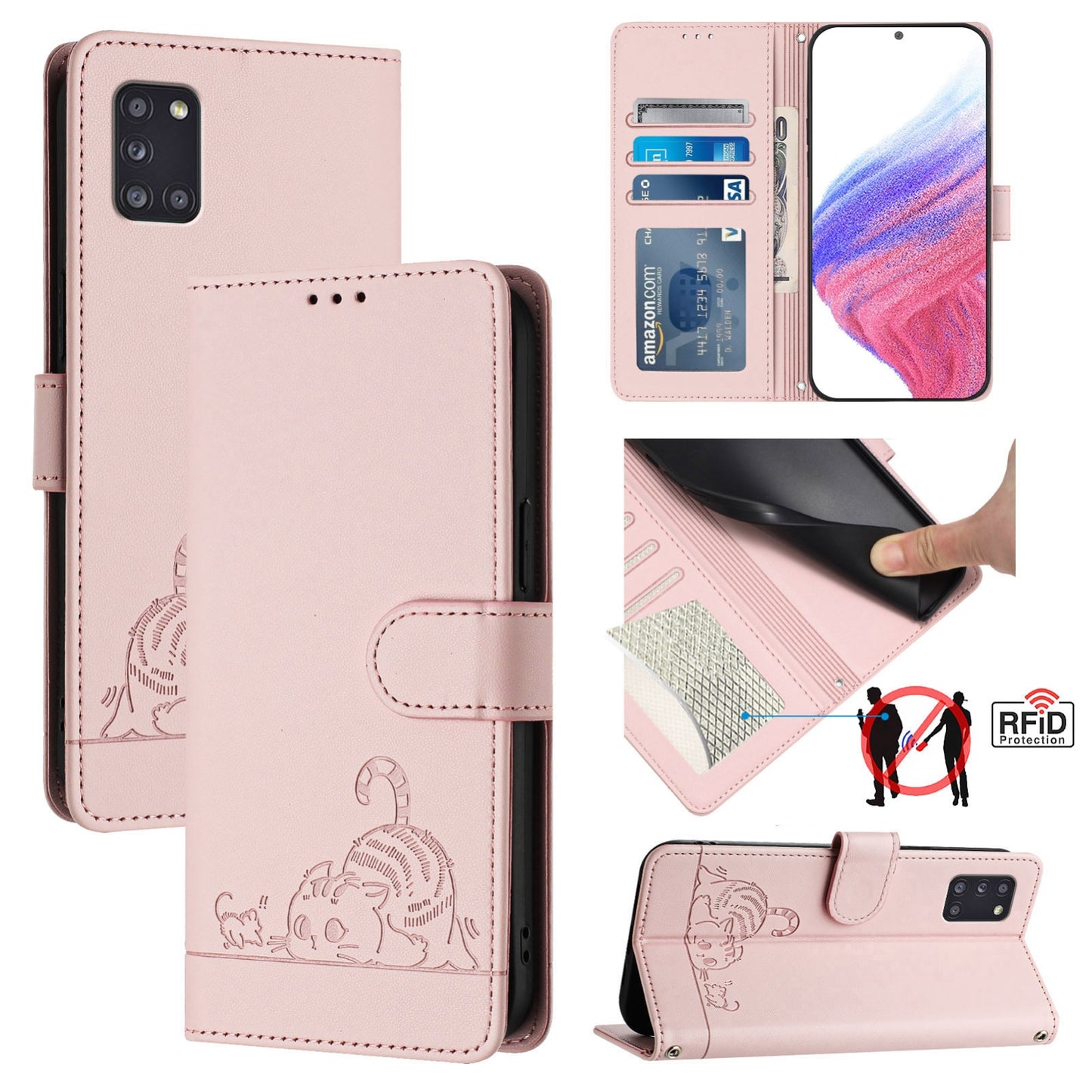 Samsung Galaxy A31 EU Version Leather Phone Case with Cat and Rat Embossed Pattern, RFID Protection, Card Holder Slots, Anti-fall Feature & Lanyard