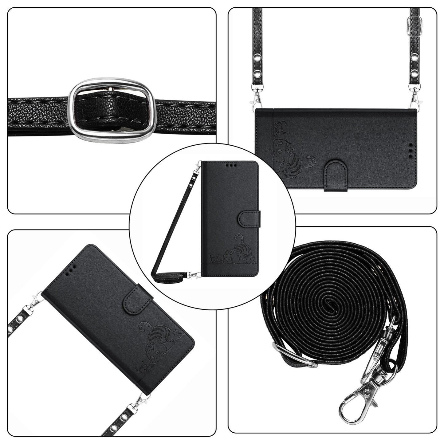 Samsung Galaxy A31 EU Version Leather Phone Case with Cat and Rat Embossed Pattern, RFID Protection, Card Holder Slots, Anti-fall Feature & Lanyard