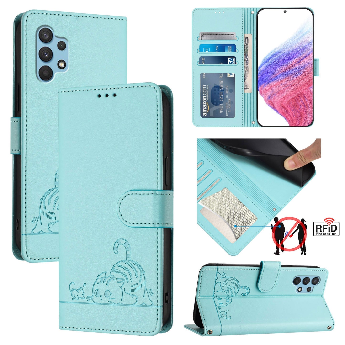Samsung Galaxy A32 4G Leather Phone Case with Cat and Rat Embossed Pattern, RFID Protection, Card Holder Slots, Anti-fall Feature & Lanyard