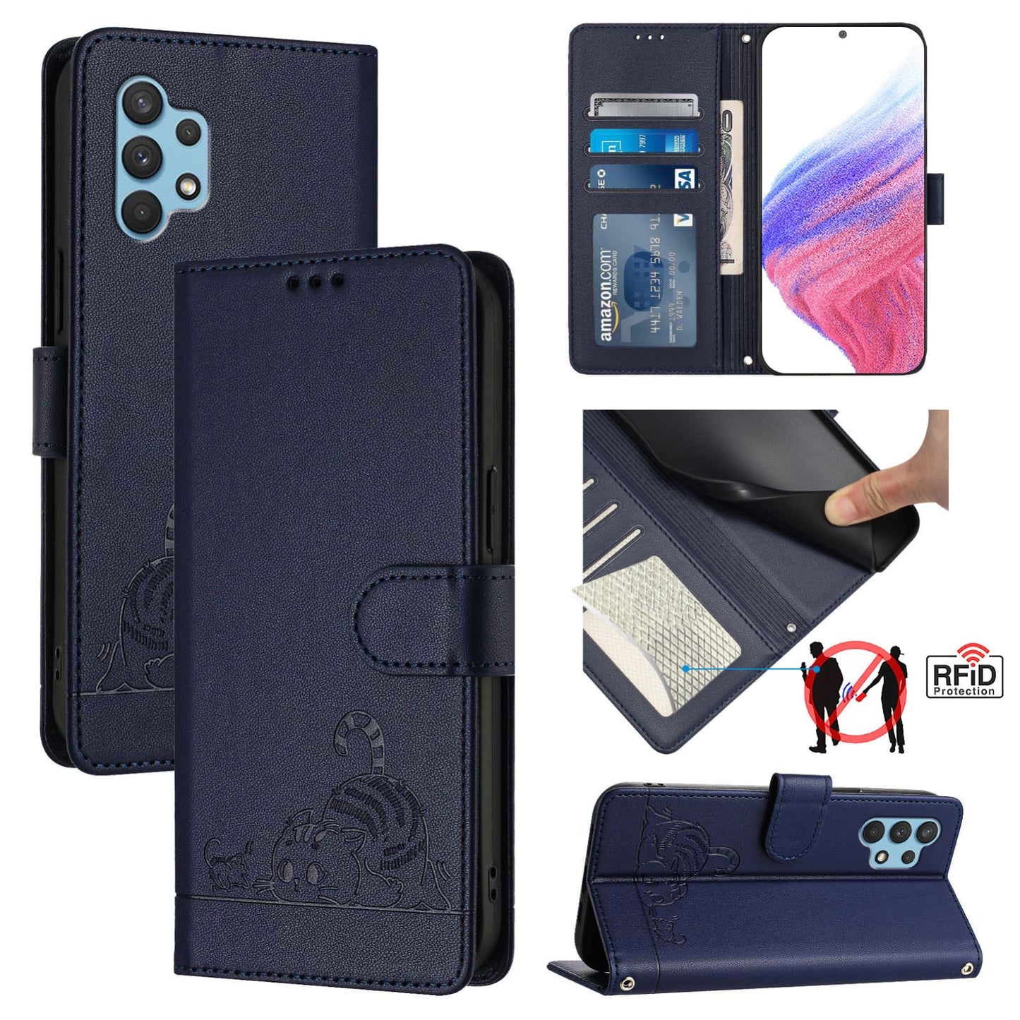 Samsung Galaxy A32 4G Leather Phone Case with Cat and Rat Embossed Pattern, RFID Protection, Card Holder Slots, Anti-fall Feature & Lanyard
