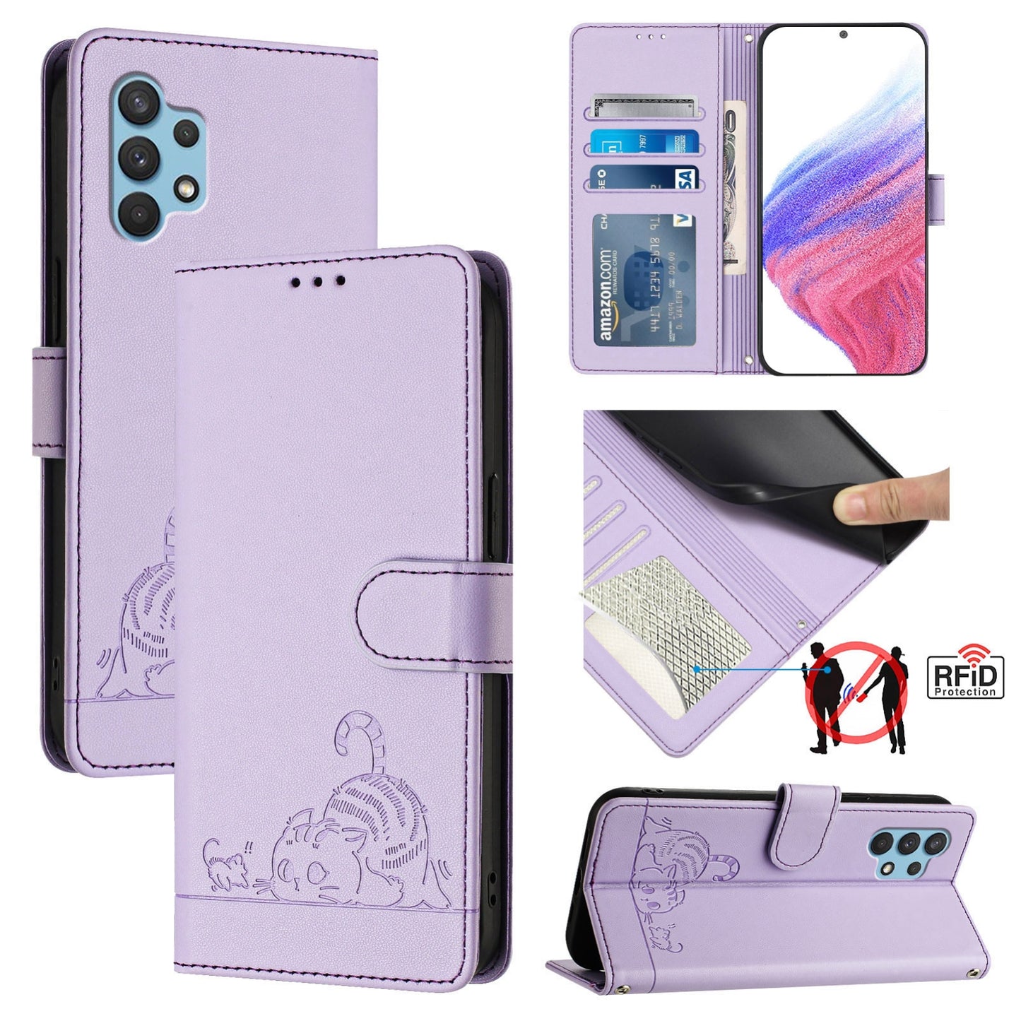 Samsung Galaxy A32 4G Leather Phone Case with Cat and Rat Embossed Pattern, RFID Protection, Card Holder Slots, Anti-fall Feature & Lanyard
