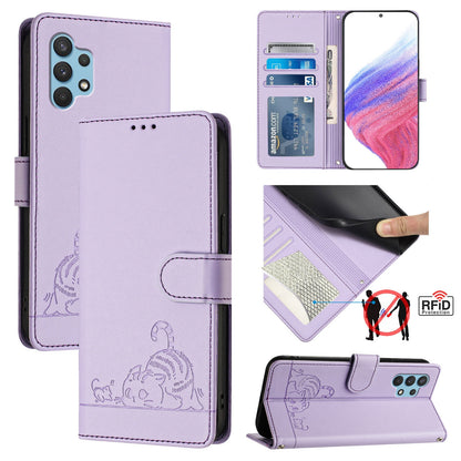 Samsung Galaxy A32 4G Leather Phone Case with Cat and Rat Embossed Pattern, RFID Protection, Card Holder Slots, Anti-fall Feature & Lanyard