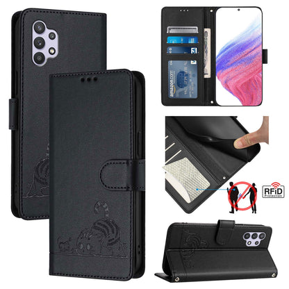 Samsung Galaxy M32 5G Leather Phone Case with Cat and Rat Embossed Pattern, RFID Protection, Card Holder Slots, Anti-fall Feature & Lanyard