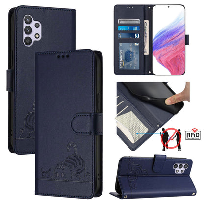 Samsung Galaxy A32 5G Leather Phone Case with Cat and Rat Embossed Pattern, RFID Protection, Card Holder Slots, Anti-fall Feature & Lanyard