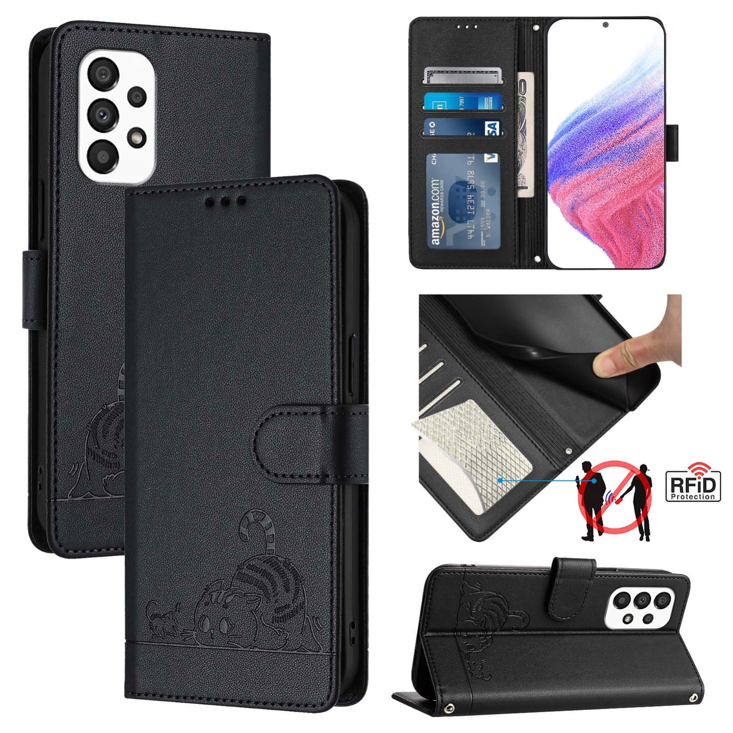 Samsung Galaxy A33 5G Leather Phone Case with Cat and Rat Embossed Pattern, RFID Protection, Card Holder Slots, Anti-fall Feature & Lanyard