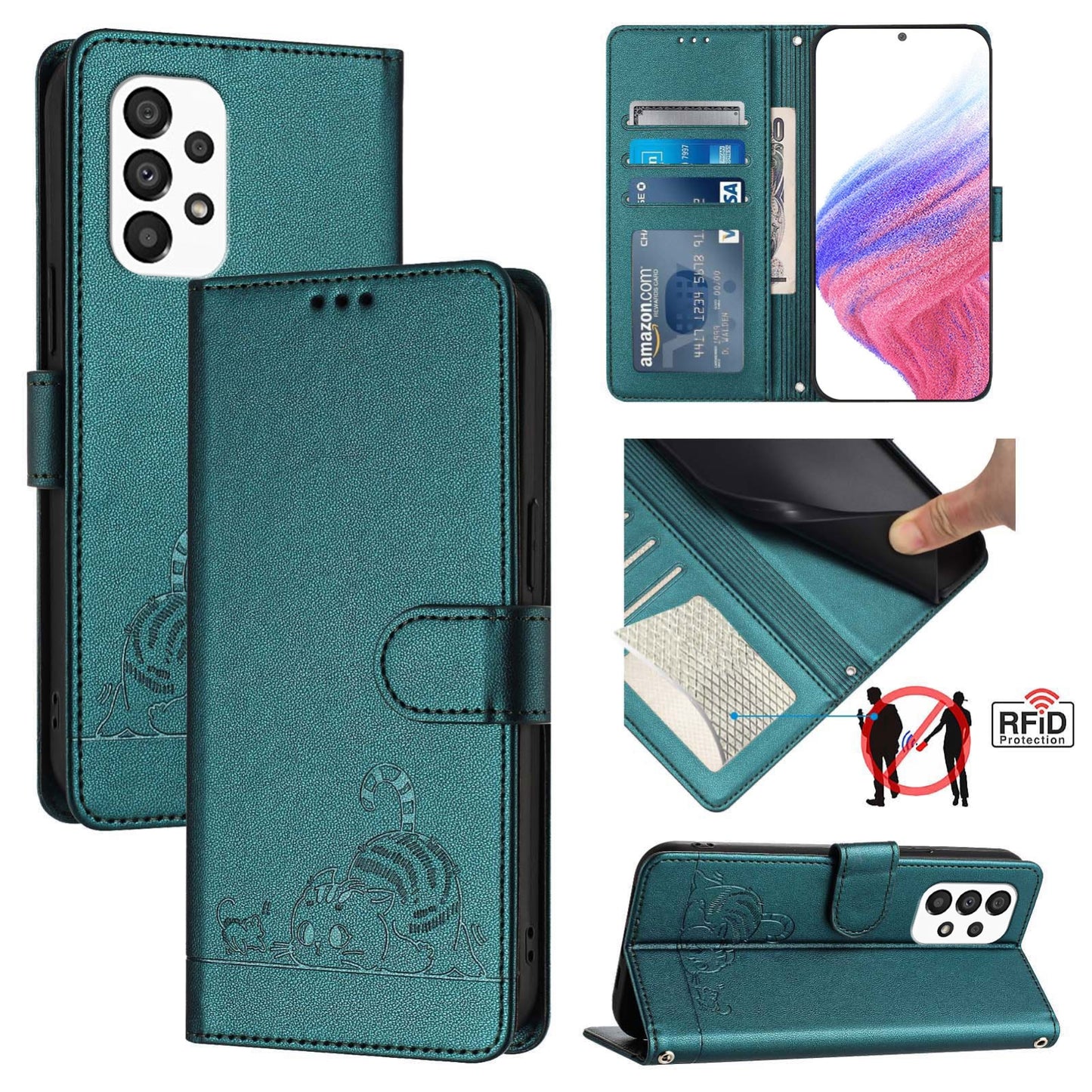 Samsung Galaxy A33 5G Leather Phone Case with Cat and Rat Embossed Pattern, RFID Protection, Card Holder Slots, Anti-fall Feature & Lanyard