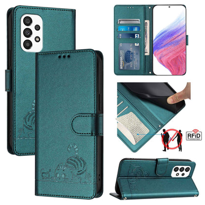 Samsung Galaxy A33 5G Leather Phone Case with Cat and Rat Embossed Pattern, RFID Protection, Card Holder Slots, Anti-fall Feature & Lanyard