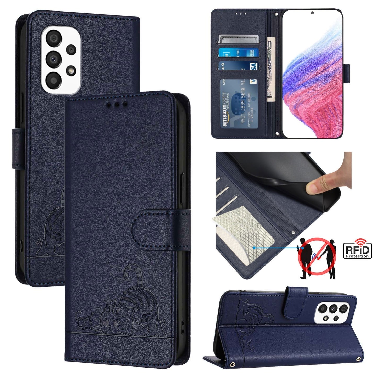 Samsung Galaxy A33 5G Leather Phone Case with Cat and Rat Embossed Pattern, RFID Protection, Card Holder Slots, Anti-fall Feature & Lanyard