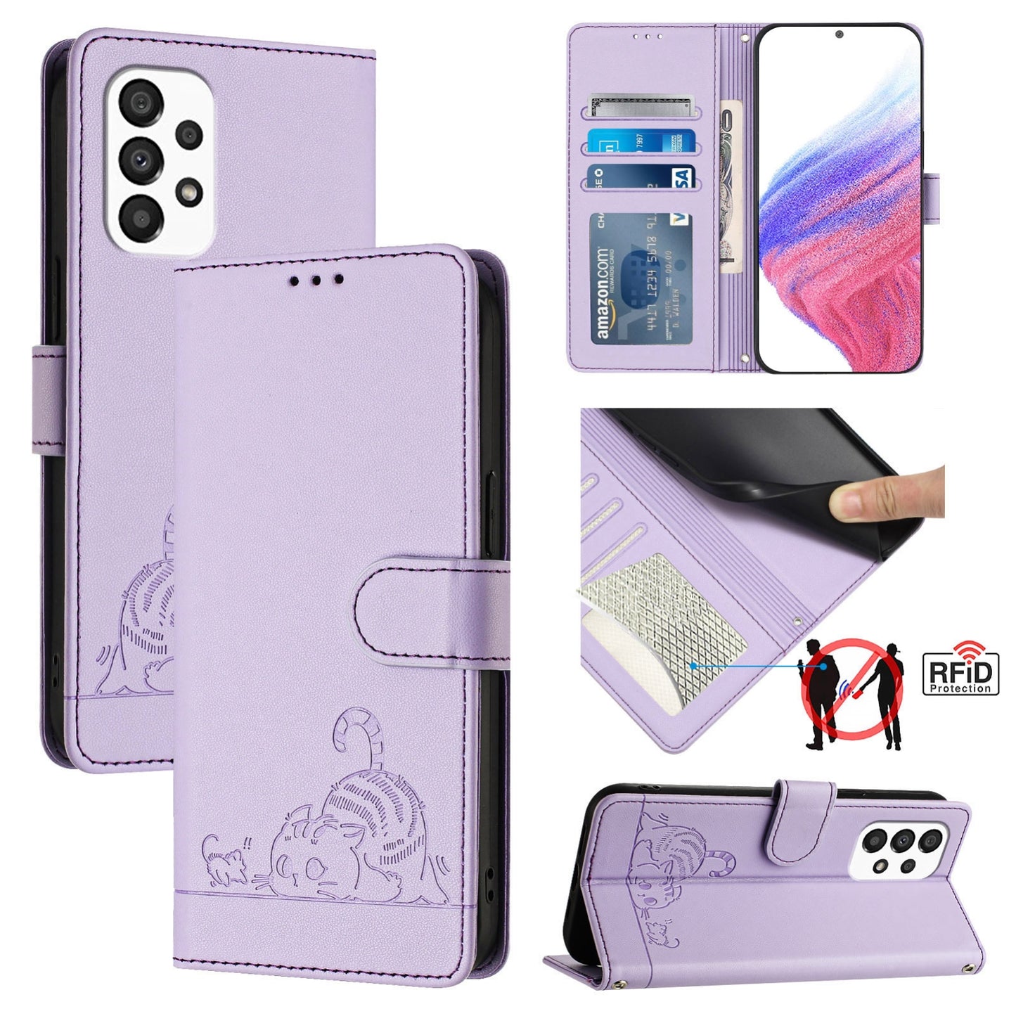 Samsung Galaxy A33 5G Leather Phone Case with Cat and Rat Embossed Pattern, RFID Protection, Card Holder Slots, Anti-fall Feature & Lanyard