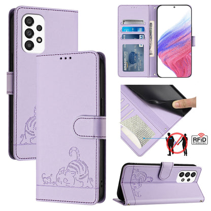 Samsung Galaxy A33 5G Leather Phone Case with Cat and Rat Embossed Pattern, RFID Protection, Card Holder Slots, Anti-fall Feature & Lanyard