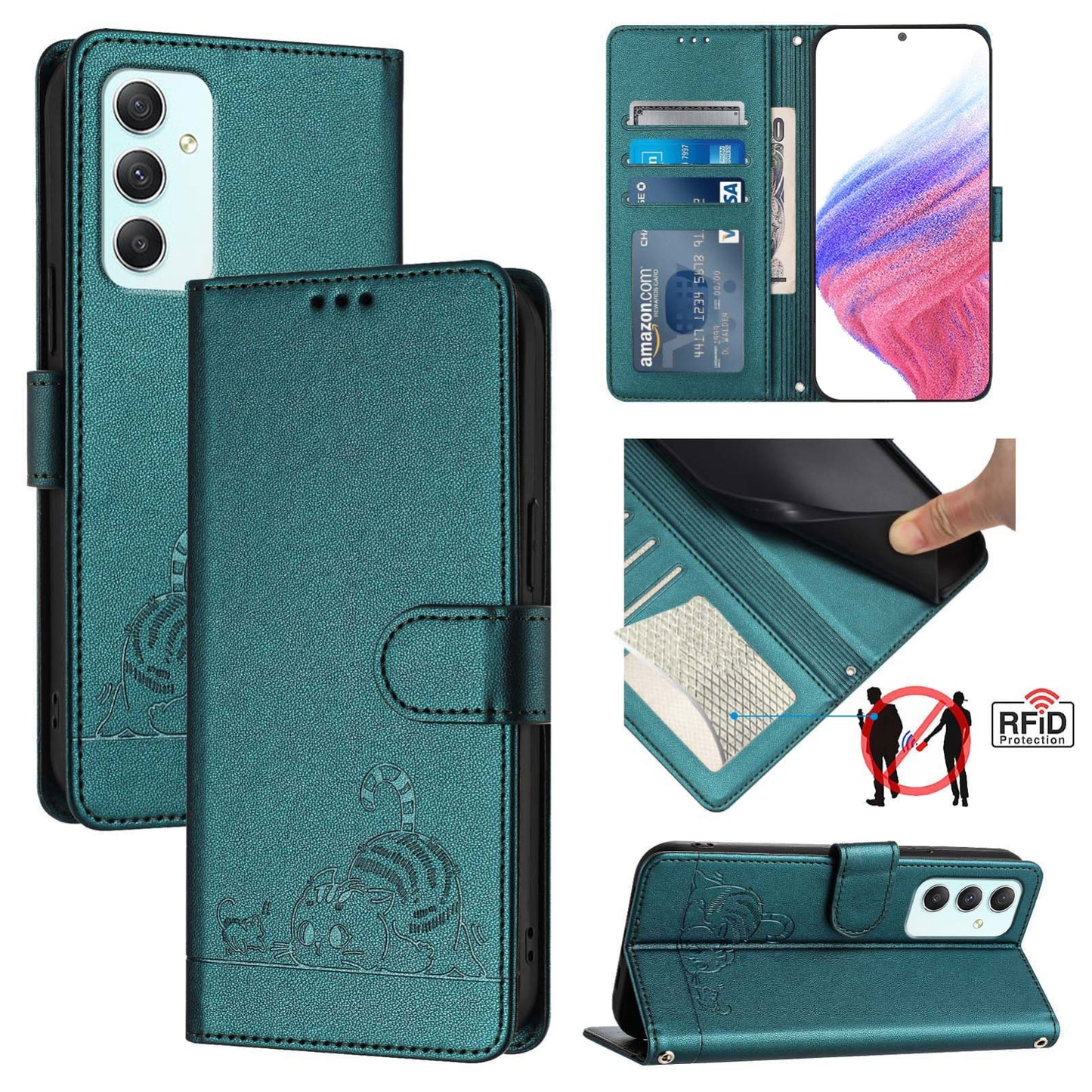 Samsung Galaxy A35 5G Leather Phone Case with Cat and Rat Embossed Pattern, RFID Protection, Card Holder Slots, Anti-fall Feature & Lanyard
