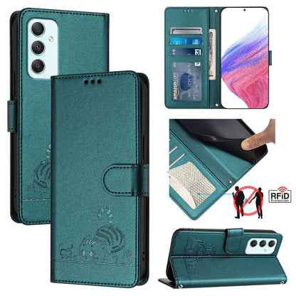 Samsung Galaxy A35 5G Leather Phone Case with Cat and Rat Embossed Pattern, RFID Protection, Card Holder Slots, Anti-fall Feature & Lanyard
