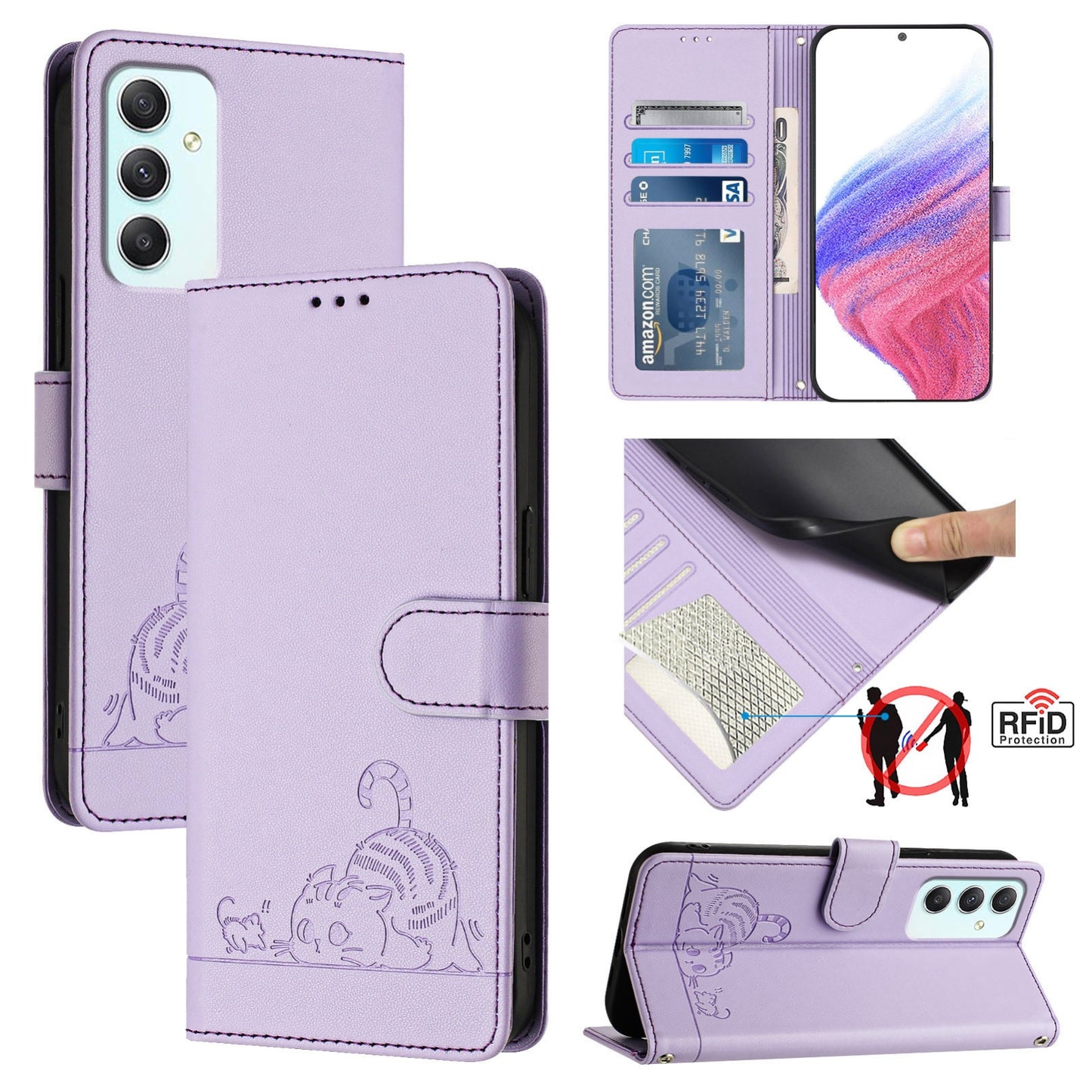Samsung Galaxy A35 5G Leather Phone Case with Cat and Rat Embossed Pattern, RFID Protection, Card Holder Slots, Anti-fall Feature & Lanyard